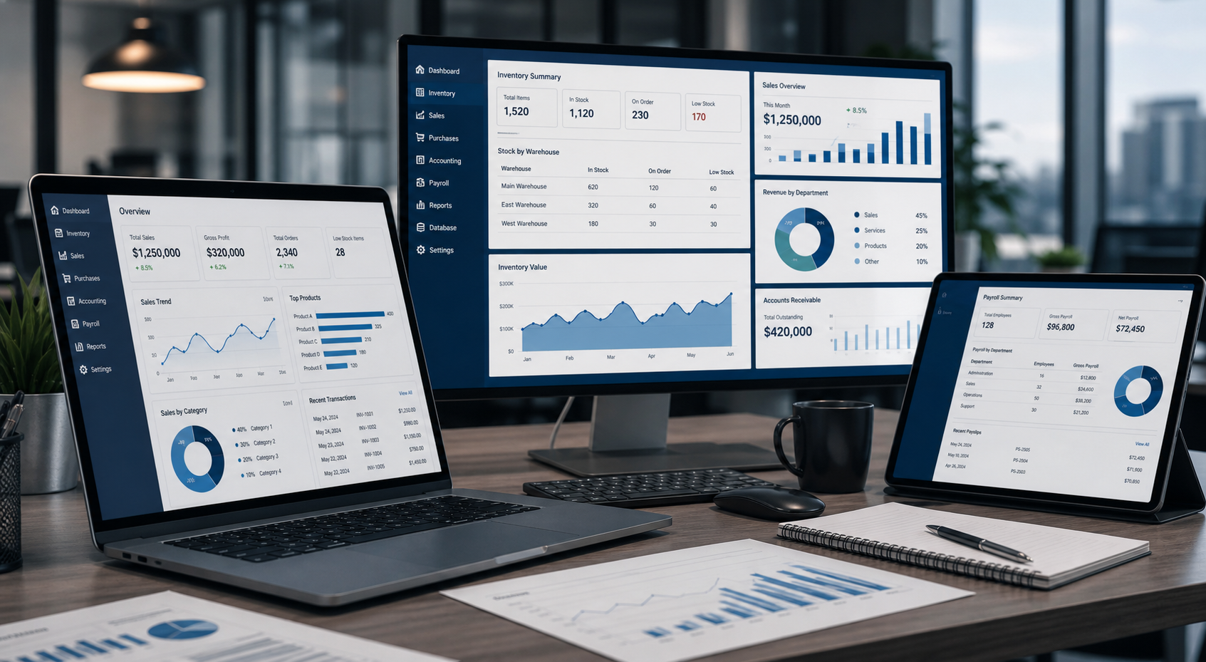 Tableros de sistemas administrativos, inventarios, ventas, reportes y contabilidad