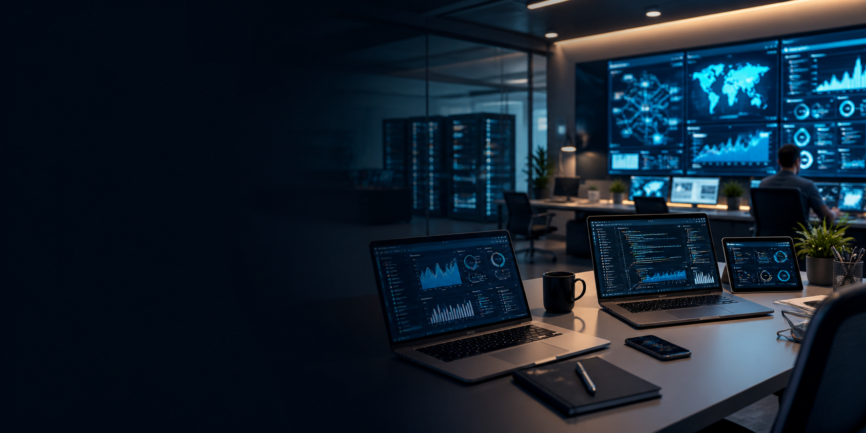 Operacion tecnologica moderna con tableros, nube, redes y soporte empresarial